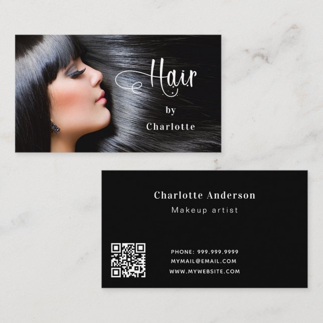 Carte De Visite Coiffeur photo script beauté QR code (Devant / Derrière)