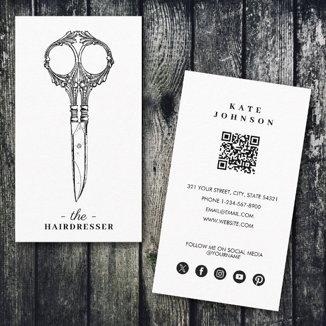 Carte De Visite Coiffeur rétro Barber Beauté Salon QR Code (Retro Hairdresser Barber Beauty Salon QR Code Business Card)