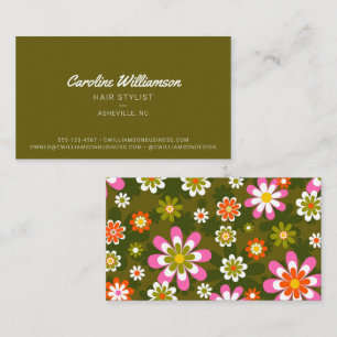Carte De Visite Coiffeur Retro Groovy Daisy Vert Olive Rose