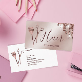 Carte De Visite Coiffeur styliste rose or typographie cheveux cise