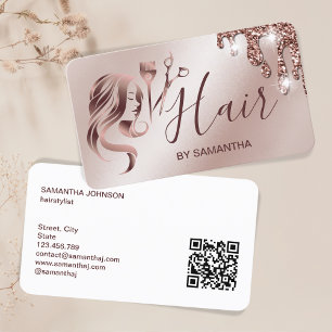 Carte De Visite Coiffeur styliste rose or typographie cheveux QR C