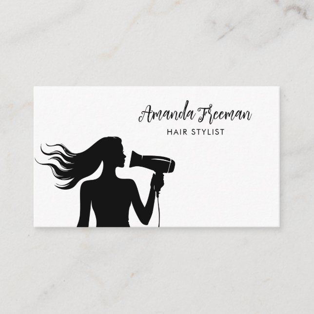 Carte De Visite Coiffeuse en silhouette pour femme noire et blanch (Devant)