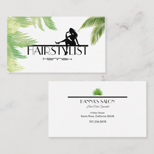 Carte De Visite Coiffeuse fille Silhouette Palm Feuille Business C (Devant / Derrière)