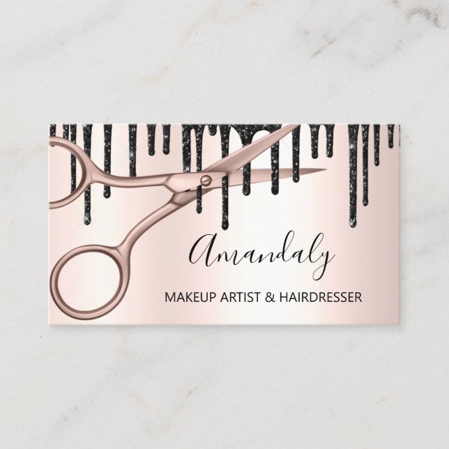 Carte De Visite Coiffeuse Rose ciseaux d'or QRCode (Devant)