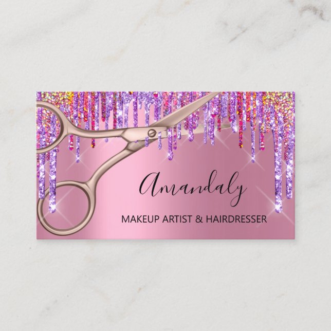 Carte De Visite Coiffeuse Rose Ciseaux violets rose (Devant)