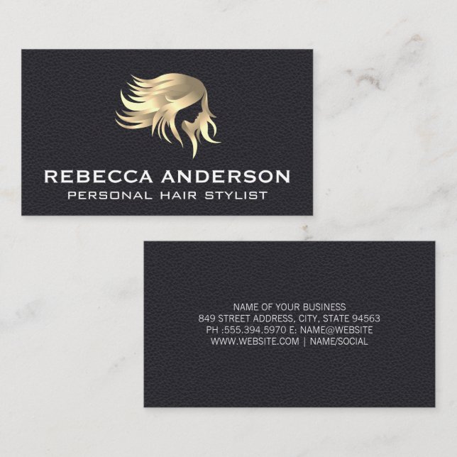 Carte De Visite Coiffure de salon d'or | Cuir noir (Devant / Derrière)