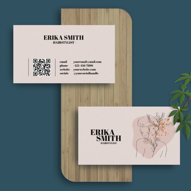 Carte De Visite Coiffure florale féminine Ligne rose Code QR (Créateur téléchargé)