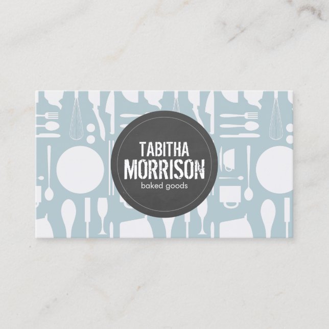 Carte De Visite Collage de cuisine en bleu avec logo rustique (Devant)