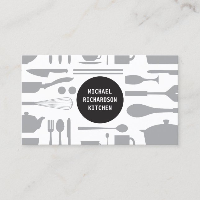 Carte De Visite Collage de cuisine gris/blanc avec logo noir (Devant)