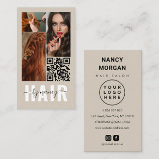 Carte De Visite Collage de photos de cheveux Script Logo Code Qr