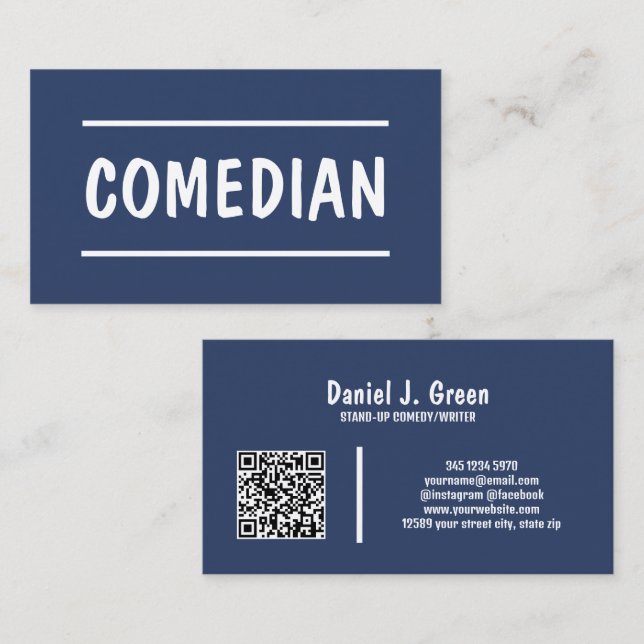 Carte De Visite 🤡 comédien se tient debout QR bleu personnalisé (Devant / Derrière)