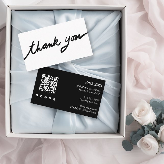 Carte De Visite Commande Merci Script personnalisé Code QR Icônes  (Handmade cursive thank you business card with social icons and QR code, black and white)