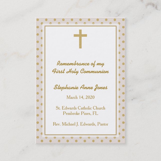 Carte De Visite Communion beige avec Pois d'or (Devant)