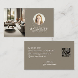 Carte De Visite Concepteur d'intérieur Nom Script Photo QR Taupe