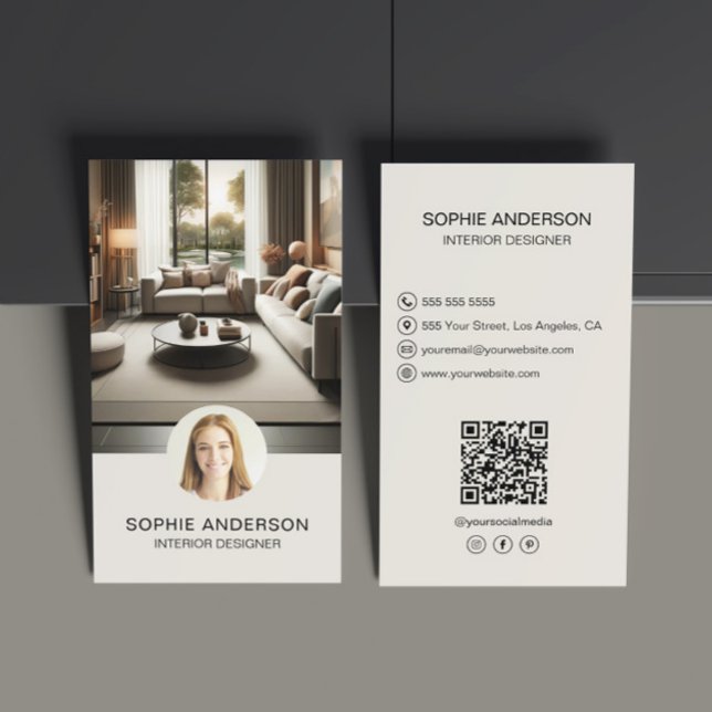 Carte De Visite Concepteur d'intérieur Photo personnalisée QR Médi (Interior Designer Custom Photo QR Social Media Business Card)