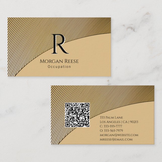 Carte De Visite Conception en or, nom et monogramme, code QR (Devant / Derrière)