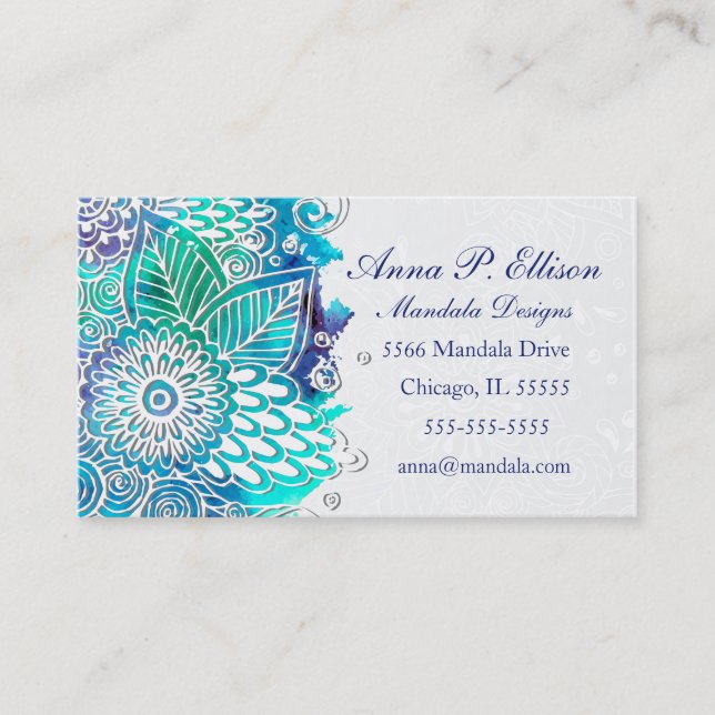 Carte De Visite Conception florale bleue et turquoise de mandala (Devant)