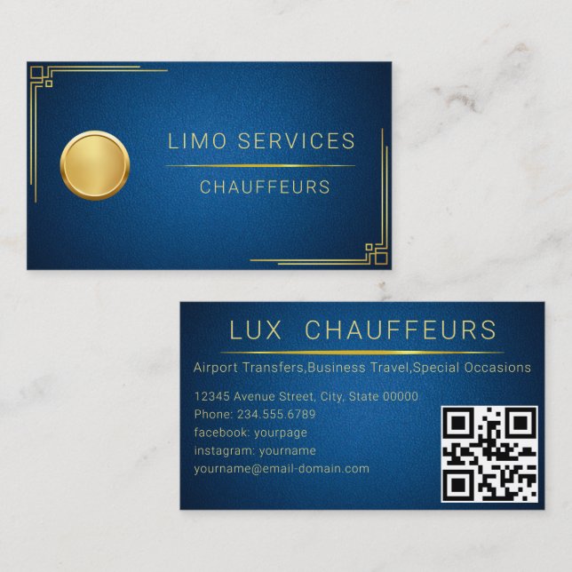 Carte De Visite Conducteur Limo Et Service Chauffeur Cuir Bleu QR (Devant / Derrière)