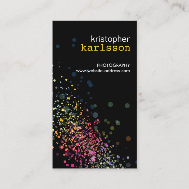 Carte De Visite Confetti Bokeh couleur moderne Vertical noir (Devant)