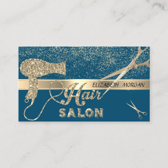 Carte De Visite Confetti d'or moderne, Ciseaux, Sèche-cheveux (Devant)