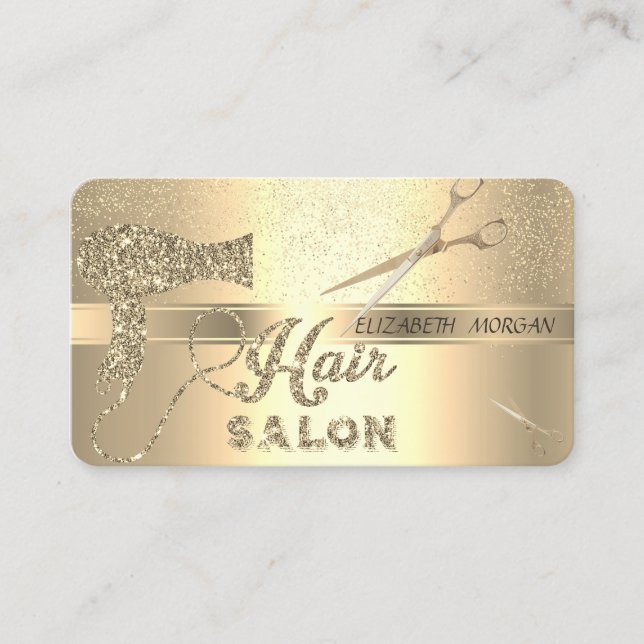 Carte De Visite Confetti en or, Ciseaux, Sèche-cheveux (Devant)