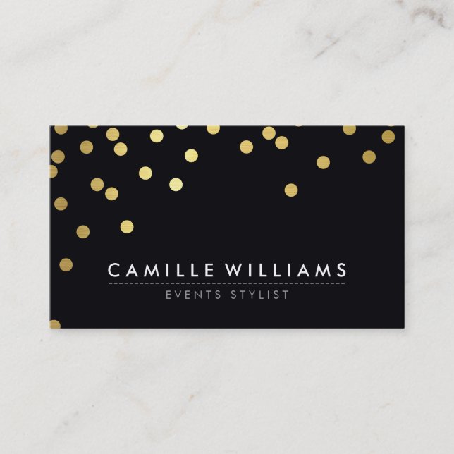 Carte De Visite CONFETTI moderne cool point motif feuille or noir (Devant)