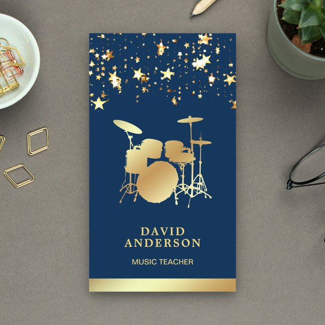 Carte De Visite Confetti Music Enseignant Gold Drummer Kit tambour (Créateur téléchargé)