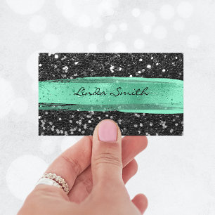 Carte De Visite Confettis noirs paillettes vert menthe coups de pi