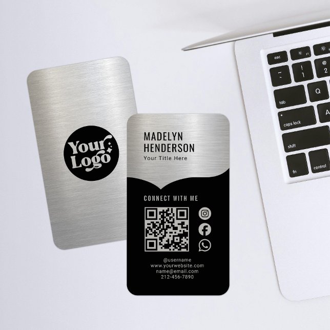 Carte De Visite Connecter Metallic Argent Noir QR Code Social Medi (Créateur téléchargé)