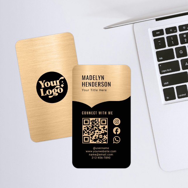 Carte De Visite Connecter Metallic Gold Black QR Code Social Media (Créateur téléchargé)