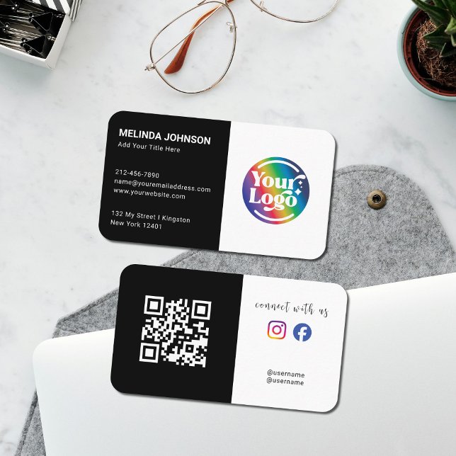Carte De Visite Connecter noir blanc QR Code Logo Médias sociaux (Créateur téléchargé)