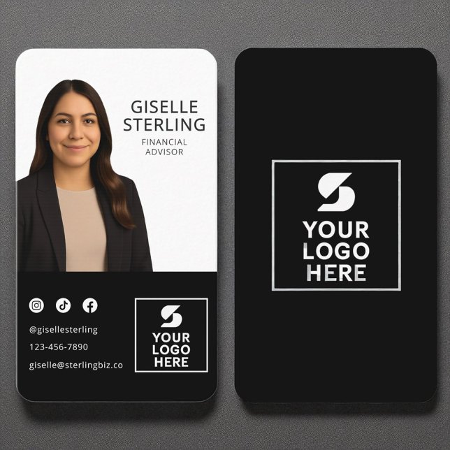 Carte De Visite Conseiller financier Black White Photo Logo Portra (Créateur téléchargé)