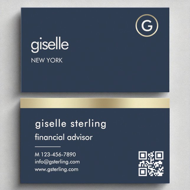 Carte De Visite Conseiller financier Marine bleu QR Code or Monogr (Créateur téléchargé)