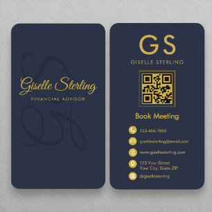 Carte De Visite Conseiller financier Marine Blue Gold QR Code Mono