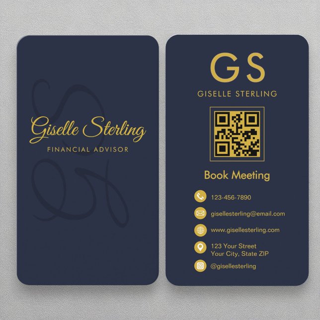 Carte De Visite Conseiller financier Marine Blue Gold QR Code Mono (Créateur téléchargé)