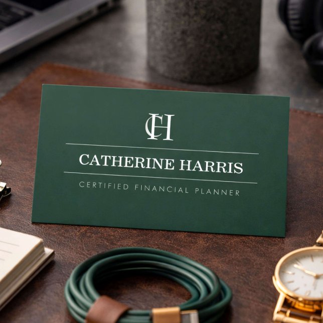 Carte De Visite Conseiller financier Monogramme Professionnel Vert (Créateur téléchargé)