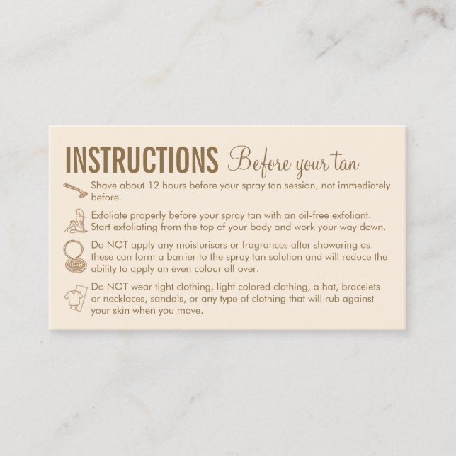 Carte De Visite Conseils d'entretien beige avant le bronzage après (Devant)