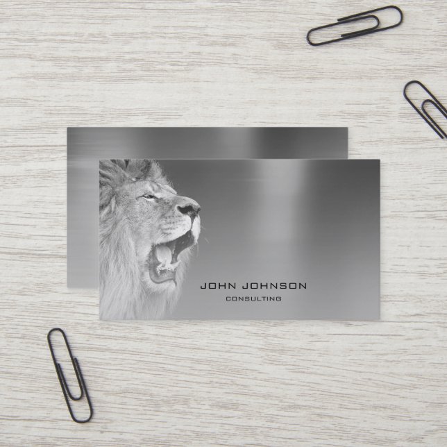 Carte De Visite Conseils personnalisés Lion Silver Metallic Acier (Devant/Arrière en situation)