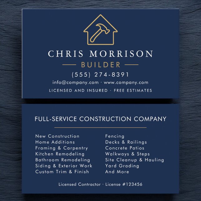 Carte De Visite Constructeur Navy Blue Gold Construction Moderne  (Créateur téléchargé)