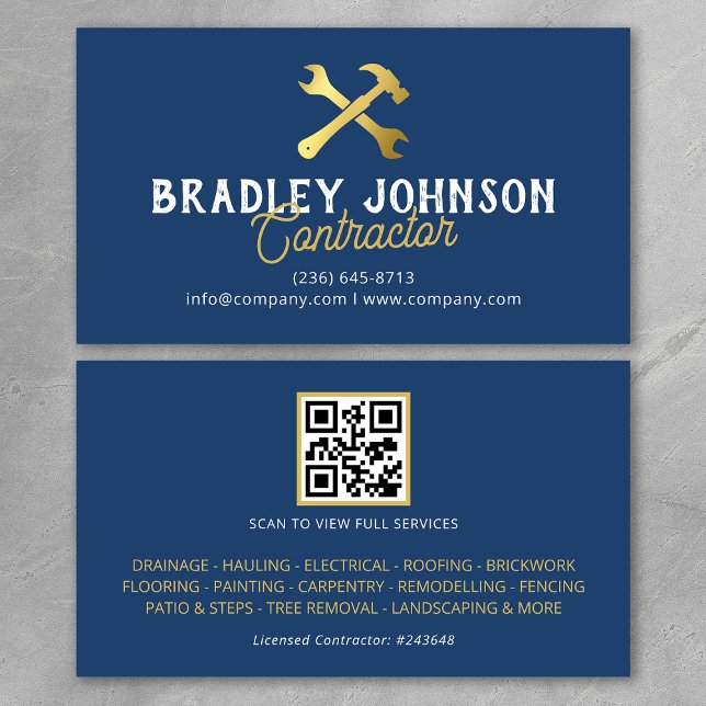 Carte De Visite Construction Blue Gold Code QR de bâtiment (Créateur téléchargé)