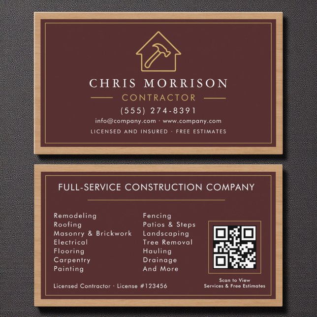 Carte De Visite Construction Burgundy Gold Bois Code QR (Créateur téléchargé)