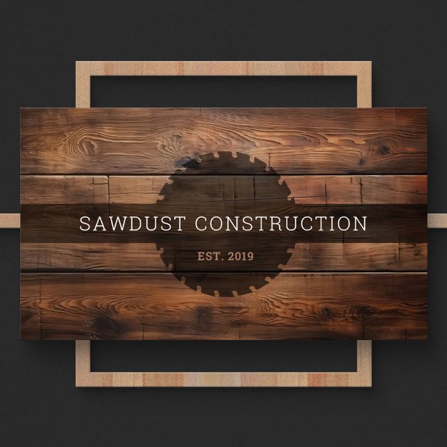 Carte De Visite Construction charpentier Bois foncé bois rustique (Front of a construction business card featuring dark rustic wooden timber and a round saw silhouette)