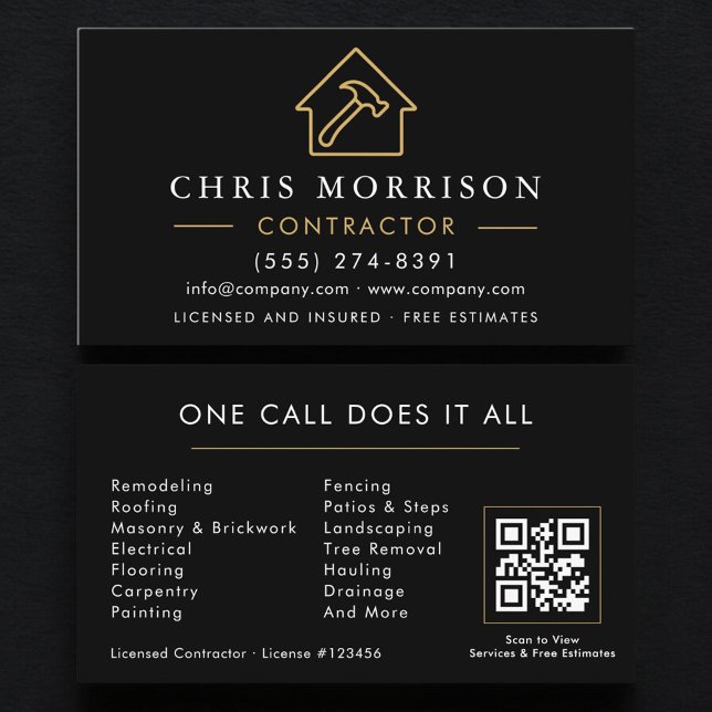 Carte De Visite Construction Company Black Gold QR Code (Créateur téléchargé)