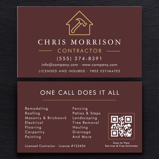 Carte De Visite Construction Company Burgundy Gold QR Code (Créateur téléchargé)