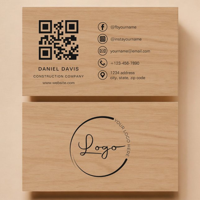 Carte De Visite Construction Company Wood Professional QR Code (Créateur téléchargé)