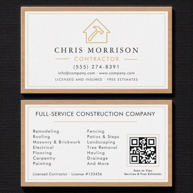 Carte De Visite Construction Construction Bois d'or blanc Code QR (Créateur téléchargé)
