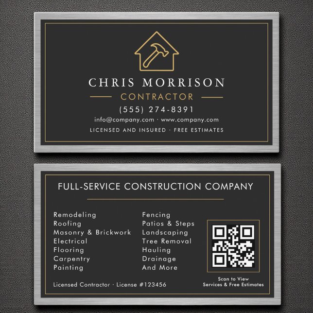Carte De Visite Construction de bâtiment Black Faux Metal QR Code (Créateur téléchargé)