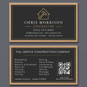 Carte De Visite Construction de bâtiment Noir Bois Bois QR Code
