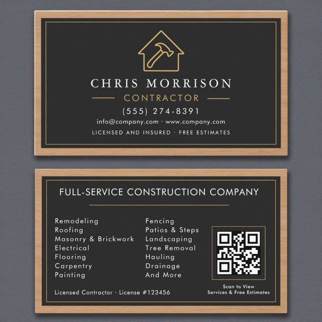 Carte De Visite Construction de bâtiment Noir Bois Bois QR Code (Créateur téléchargé)