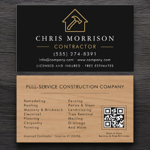 Carte De Visite Construction de bâtiments Code QR Bois Or Noir 